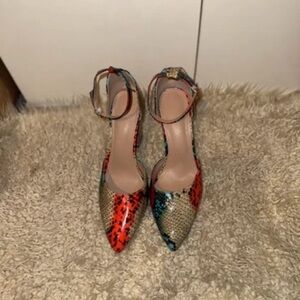SHEIN Red and Teal Snake-Print Pointed Ankle-Strap Heels